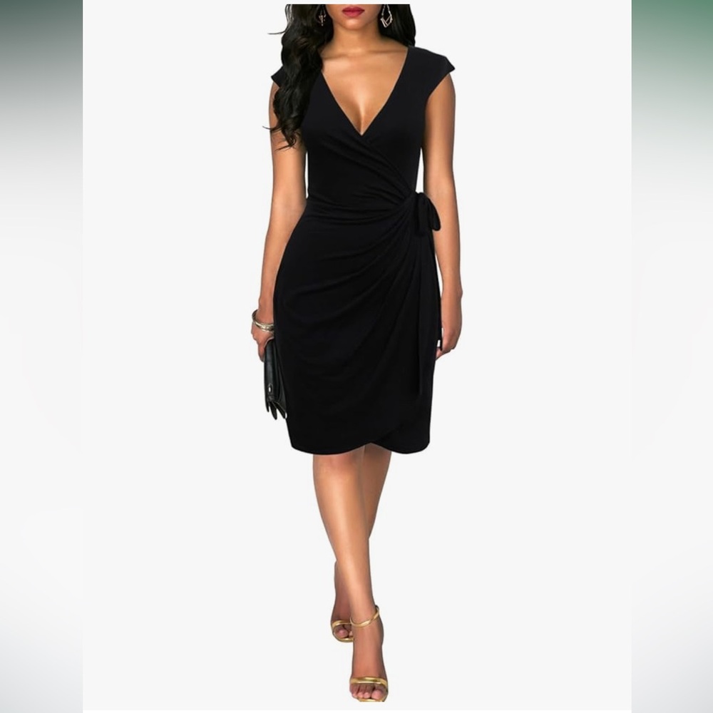 Elegant Black Wrap Midi Dress - Picture 3 of 7